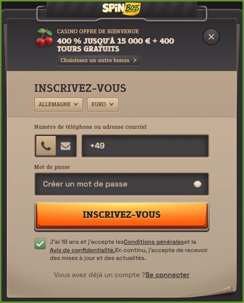 Formulaire d'inscription sur SpinBoss Casino