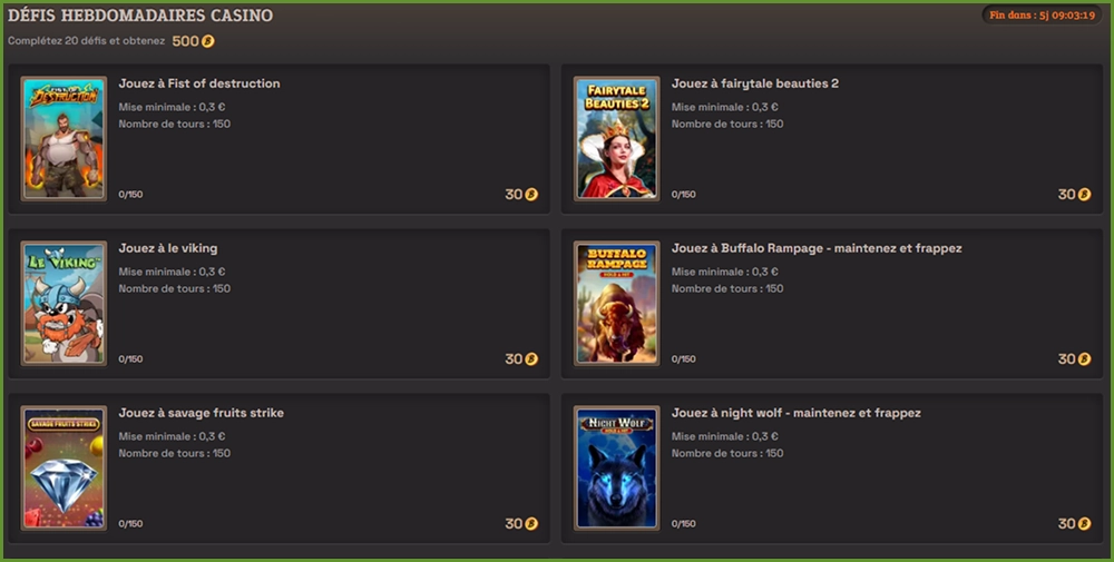 Défis hebdomadaires et missions disponibles sur SpinBoss Casino