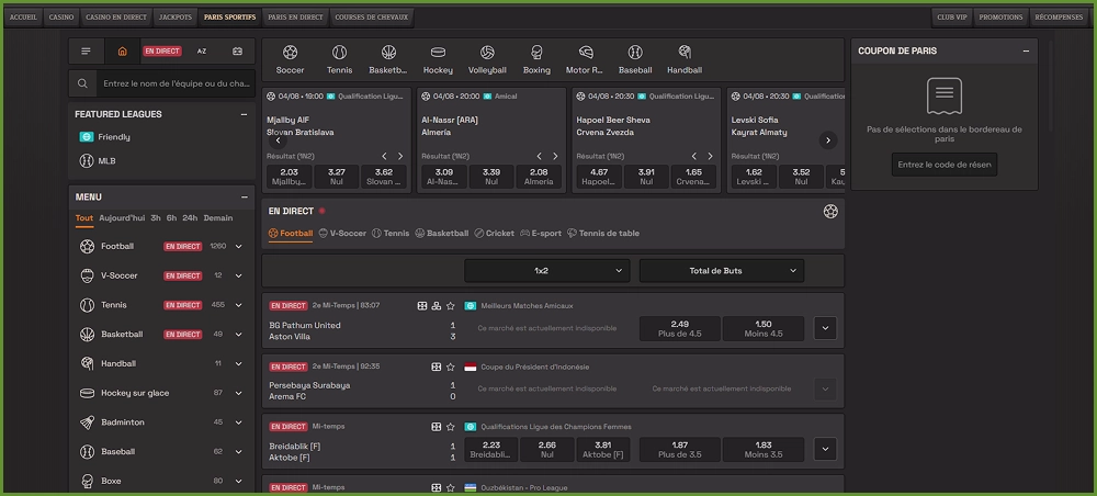 Interface des paris sportifs en direct sur SpinBoss Casino