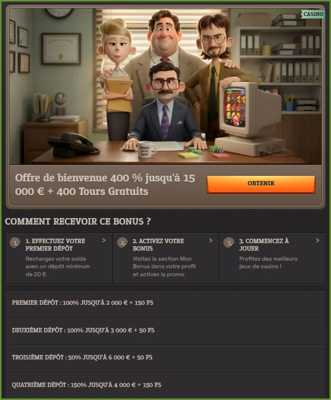Offre de bienvenue SpinBoss Casino avec les bonus des quatre premiers dépôts