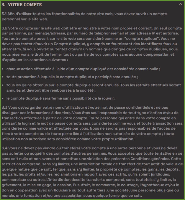 Conditions générales des bonus et règles du compte sur SpinBoss Casino