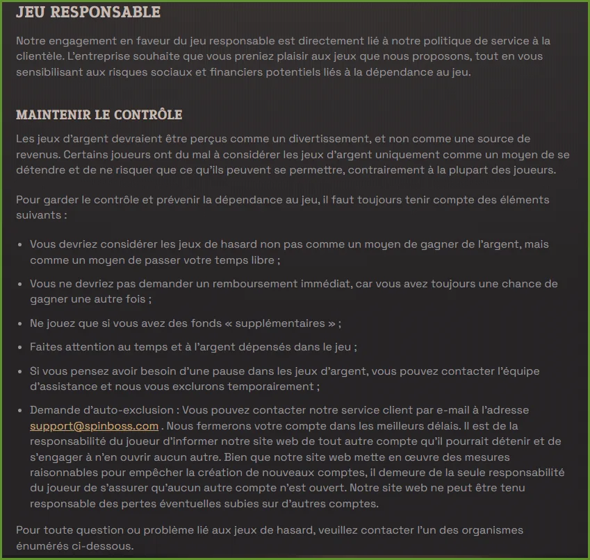Outils de jeu responsable et contrôle du compte sur SpinBoss Casino